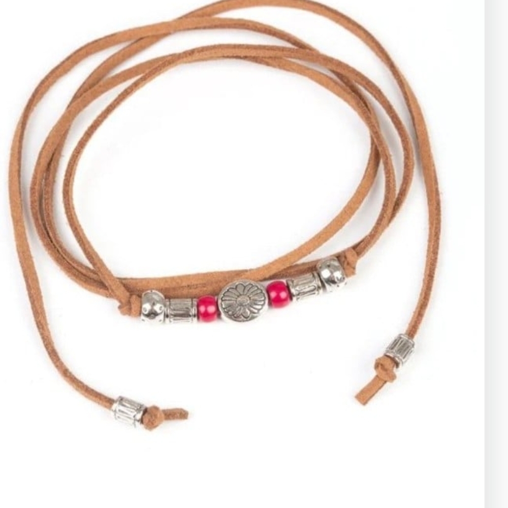 Paparazzi Tan Leather Bracelet with Silver and Red Beads Clear A Path Brown Wrap